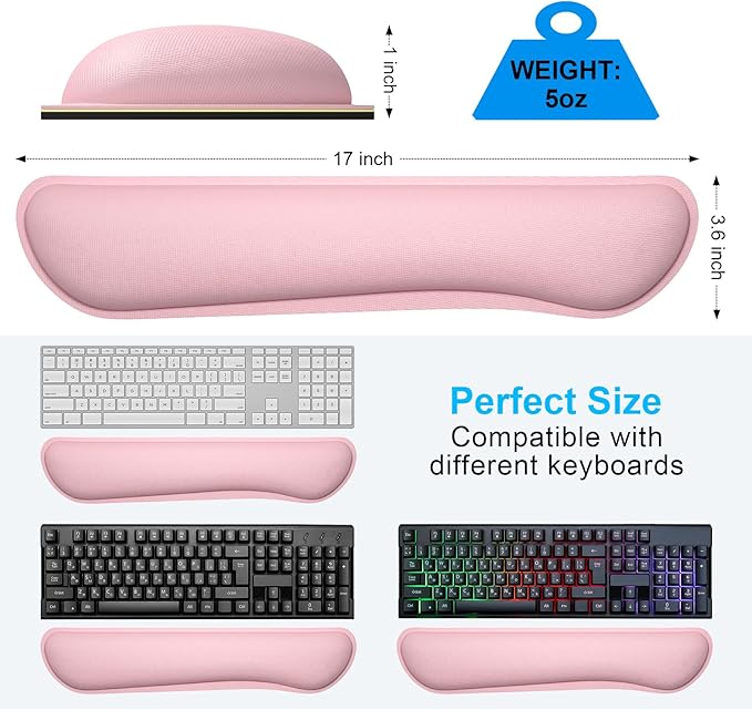 Dapesuom Enlarge Keyboard Wrist Rest, Cute Memory Foam Keyboard Wrist Cushion for Computer Desk Mats Support, Typing Pain Relief Ergonomic Mouse Pad Rests with Non-Slip Base for Gaming, Laptop, Pink