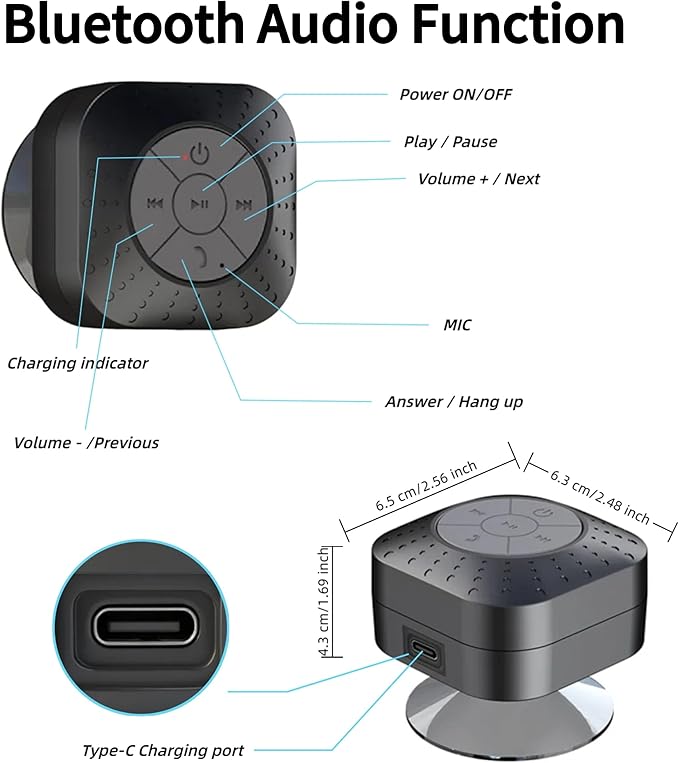 Mini Bluetooth Shower Speakers, Portable Wireless Speaker with Suction Cup, Pairs Easily to Phones, Tablets, Computer, Gift for Men & Women (Black)