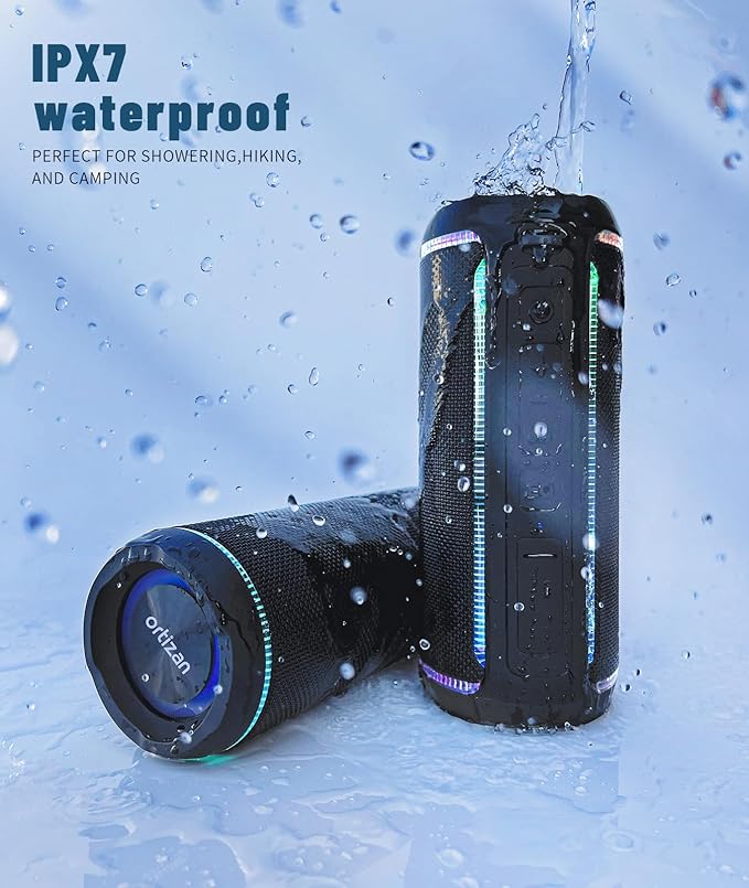 Ortizan Portable Bluetooth Speaker (3nd Gen), Bold 40W Sound with DSP Bass Boost, IPX7 Waterproof, 30Hrs of Playtime, TWS, BT 5.3, Colorful Lights, EQ, USB, Wireless for Home, Outdoor, Party - Black