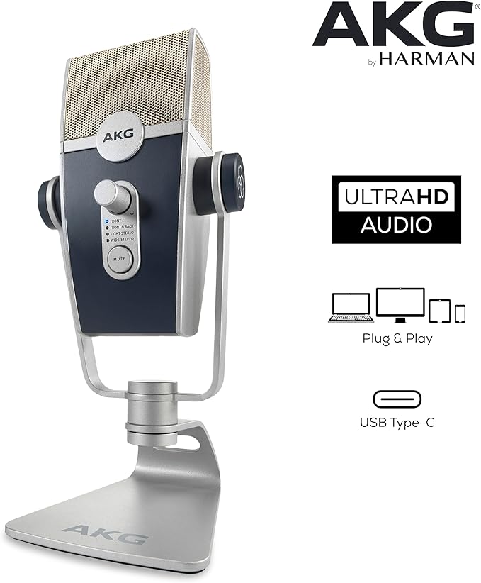 AKG Pro Audio Lyra Ultra-HD USB C Microphone for Recording, Streaming, Gaming, Podcasting, ASMR on PC and Mac, Condenser Mic for Laptop or Computer, Adjustable Stand, Plug and Play – Blue and Silver