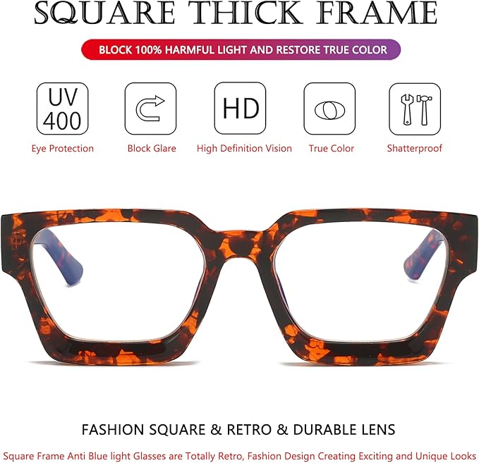 AIEYEZO Square Thick Frame Glasses for Women Men Fashion Blue Light Glasses Trendy Chic Computer Eyeglasses