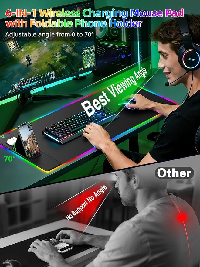Mouse Pad with Adjustable Phone Stand Dual Wireless Charger, 15W Fast Charging Desk Mat, Extra Large 31.5x15.75 Waterproof Desk Pad for iPhone Samsung Air-Pods, Gaming Mousepad w/ 11&4 RGB