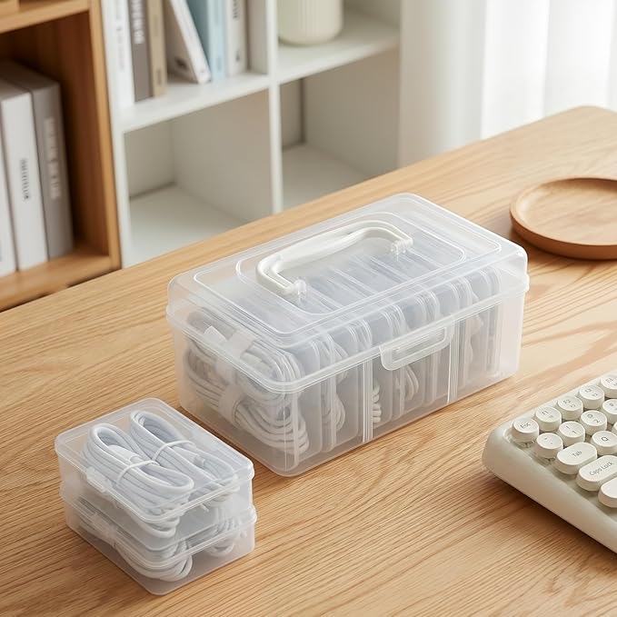 7 Case Portable Cable Storage Box with Handle and Label Stickers, Travel Cord Organizer for Charging Cables, USB Wires, Earphones – Drawer Organization for Home & Office