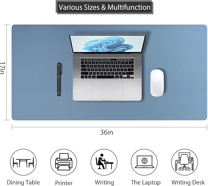 Desk Pad Protector Mouse Pad, Non-Slip Computer Mat, PU Leather Office Desk Mat, Waterproof Desk Pad for Keyboard and Mouse, Laptop Desk Blotter Pad for Home and Office, Denim Blue (17''X36'')