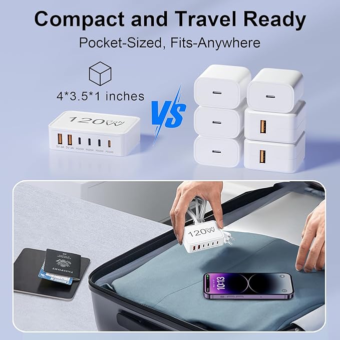 120W USB C Charger Block, 6 Port USB Charging Station for Multiple Devices, PD 30W Type C Multi Port Fast Charging Hub for iPhone 17 16 15 14 Pro Max ipad Samsung Galaxy, for Travel Home Office, White