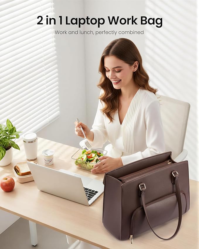 LOVEVOOK Lunch Tote Bag for Women, 15.6 Inch Laptop Work Bag with Insulated Lunch Compartment, Large Capacity Computer Handbag with Cup Holder for Business, Nurse, Teacher, Mommy