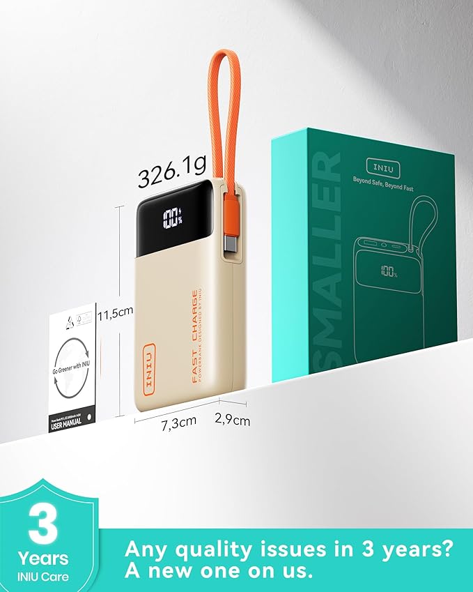 INIU 45W Portable Charger, Smallest 20000mAh Power Bank with Build in USB-C Cable, Fast Charging USB C in&Out Battery Pack, Travel Phone Charger for iPhone 17 16 15 Air Samsung S25 S24 Google, Beige