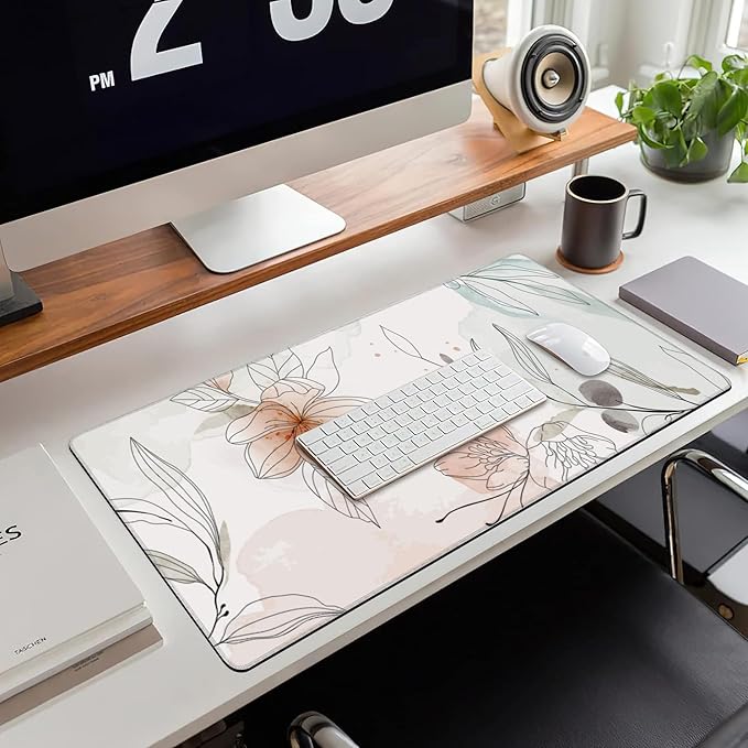 Desk Mat, Abstract Boho Flowers Extended Large Gaming Mouse Pad XXL, Non-Slip Rubber Base Stitched Edges Long Computer Keyboard Desk Pad Mouse Mat for Home Office Gaming 35.4"X15.7"