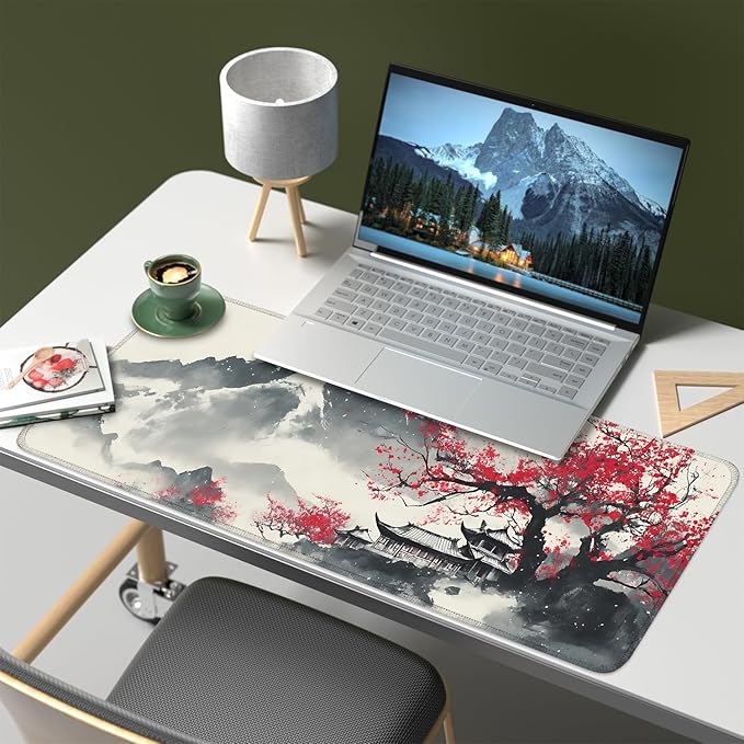 Mouse Pad, Large Anti-Slip with Stitched Edges Desk Mat Desktop Laptop Computer Desk Keyboard Mat,Table Protector Blotter Mat (Plum Blossom, 31.5" x 11.8")