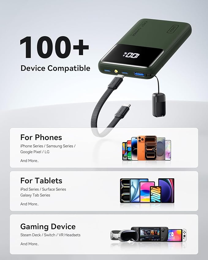 INIU Small Portable Charger, 45W PD Fast Charging 10000mAh Power Bank, Battery Pack with Attached USB C Cable, Travel Essentials Powerbank for iPhone 17 16 15 14 Pro Air, Xiaomi, Samsung S25, Green