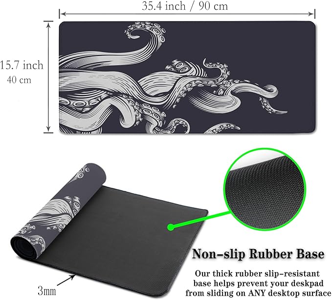 Game Mat Black Gaming Mouse Pad Extra Large Mouse Pads Computer Desk Accessories for Men Computer Mats Mousepad XXL Non-Slip Rubber Base 35.4 X 15.7 for Game Office, Octopus
