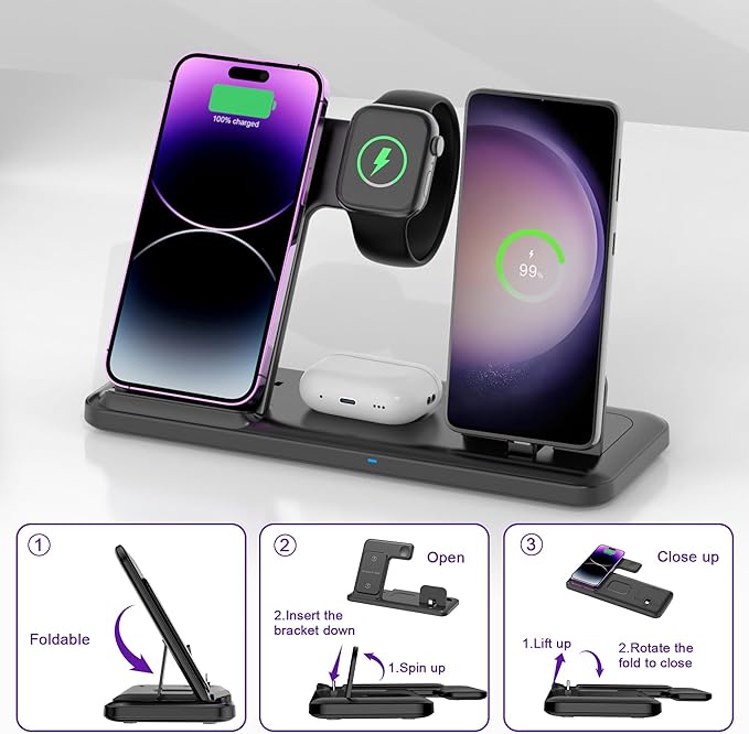 Wireless Charger for iPhone Charging Station, Foldable 4 in 1 Fast Charging for iPhone 16 15 14 13 12 Pro Max Plus, Charger Stand for Apple Watch & Airpods 4 3 2 Pro,for Samsung Series Black