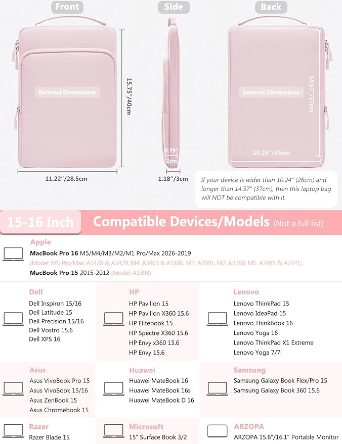 HYZUO 15-16 Inch Laptop Bag Sleeve for MacBook Pro 16 M5 M4 M3 M2 M1 Pro/Max A3428 A3429 2026-2019, 15" Surface Book, Notebook Case for 15" 15.6" Dell HP Lenovo Asus Acer Samsung, Pale Pink