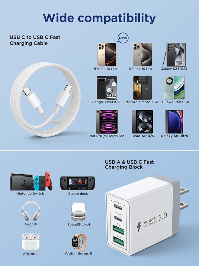 iPhone 16 15 Charger Fast Charging, 20W Dual Port USB C Charger Block with 6FT USB C Charging Cable Cord for iPhone 16 15 14 13 12 11 Pro Max XS, iPad, Samsung Phone, Tablet