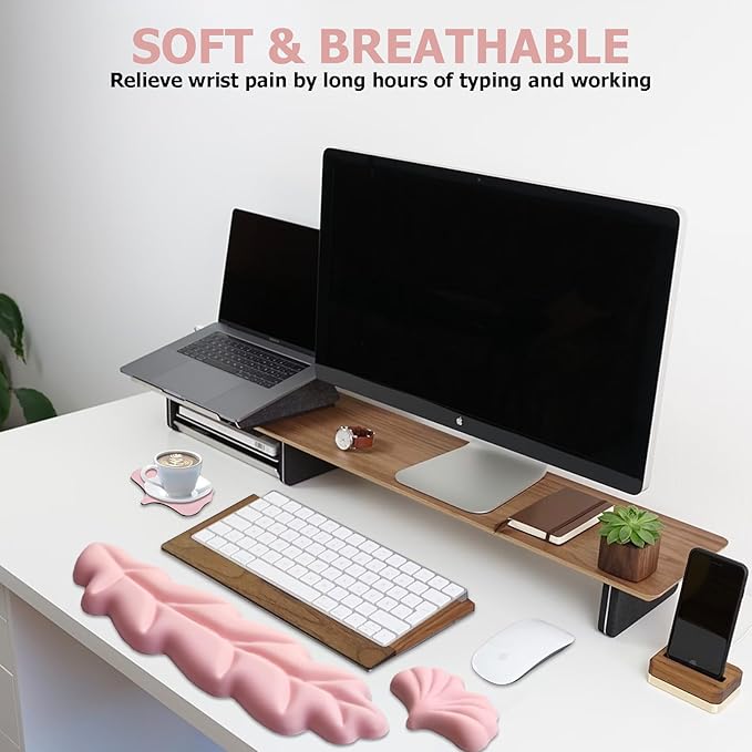 Ergonomic Keyboard Wrist Rest, Leaf Shape PU Leather Memory Foam Wrist Support for Computer Keyboard, Keyboard Pad and Cute Mouse Wrist Pad for Gaming,Office, Computer, Typing Pain Relief, Pastel Pink