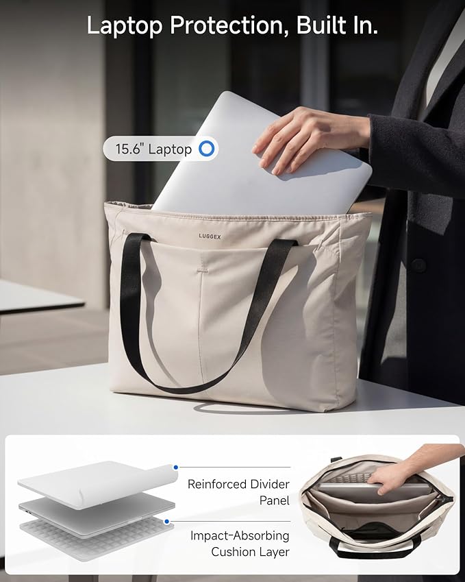 LUGGEX Laptop Tote Bag, LTX04 15L Lightweight Work Tote for 13-15.6 Inch Laptop, Water-Resistant Nylon Computer Shoulder Bag with Padded Sleeve, Bottle Holders & Luggage Strap (LTX04, Beige)