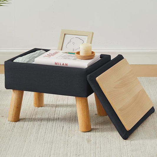 Storage Ottoman, Small Foot Stool Ottoman with Storage, Linen Foot Rest with Wood Legs, Footstool for Living Room, Bedroom, Entryway, Black