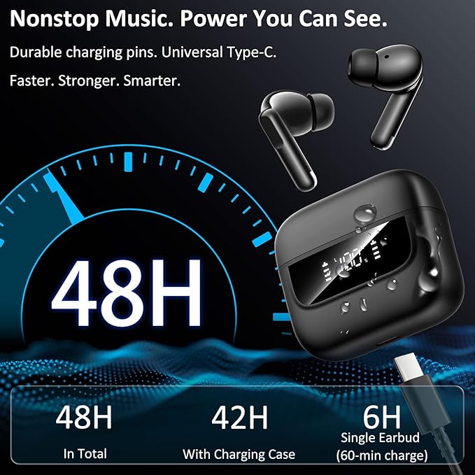Wireless Earbuds Bluetooth 5.4, 6 Mic ENC Noise Cancelling Clear Call, in Ear Buds Deep Bass HiFi Stereo Sound, Big Dual LED Display 48H Playtime Earphones IPX7 Waterproof Headphones Android iOS Black