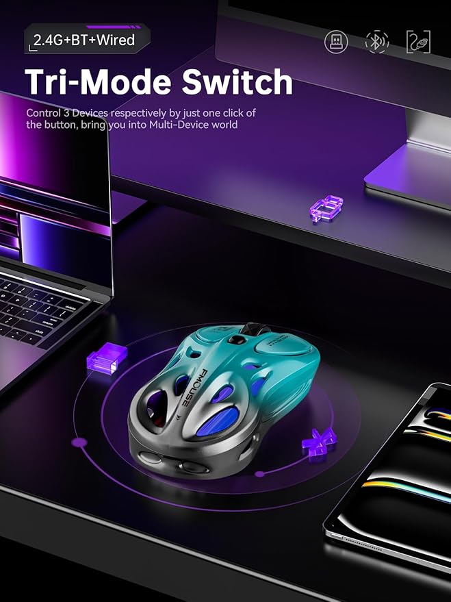 Tri-Mode Wireless Mouse (2.4G/Bluetooth/Wired), 4800 DPI, Macro Programming, RGB, Rechargeable Type-C for Mac/Laptop/iPad (Gaming Focus) - Turquoise & Gray Gradient