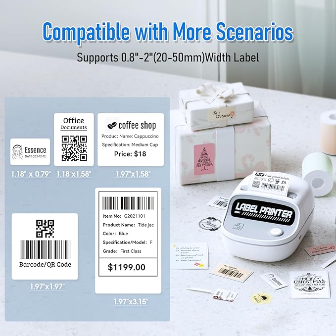 HPRT T20 Label Maker - Bluetoth Portable Label Printer, with Auto Identification and Waterproof Label, Thermal Inkless Labeler for Office, Home, Kitchen, Organization (White)