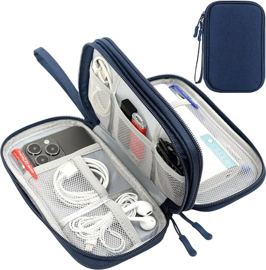 Electronic Bag Travel Cable Accessories Bag Waterproof Double Layer Electronics Organizer Portable Storage Case for Cable, USB, Cord, Charger, Phone, Power Bank, Earphone (Navy Blue, Large)