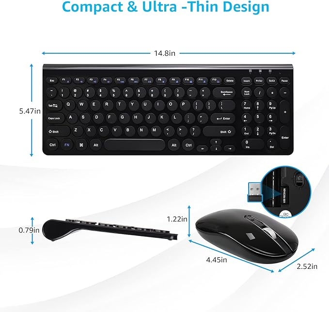 LeadsaiL Wireless Keyboard and Mouse Combo, Wireless USB Mouse and Computer Keyboard Set, Compact and Silent for Windows Laptop, Desktop, PC- Black