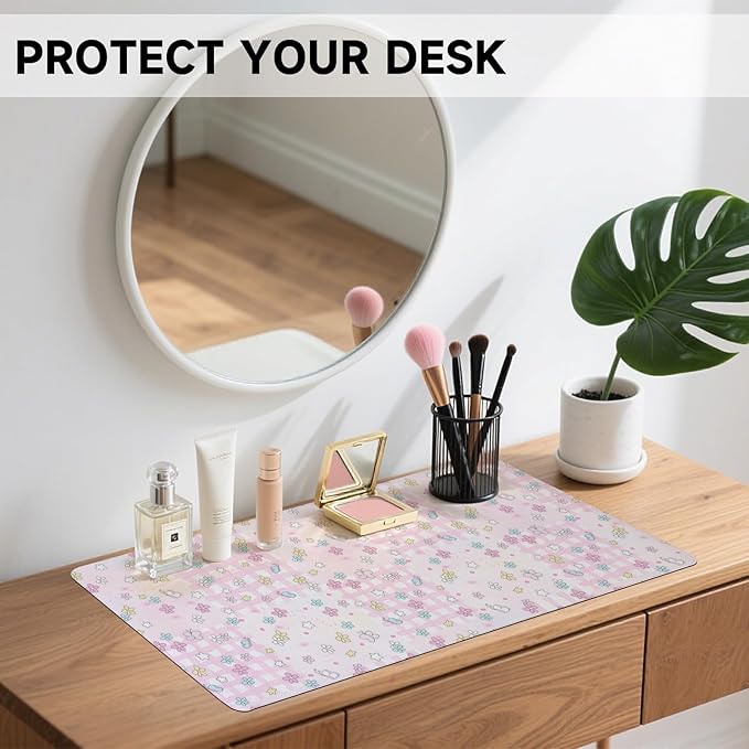 AUPET Leather Desk Pad Blotter Mat, Large Mouse Pad, Non-Slip Waterproof Desk Writing Pad Protector, Desk Decor for Office，Home，Gaming (Pink-Checkered Flower Butterfly, 35.4X15.7 inch)