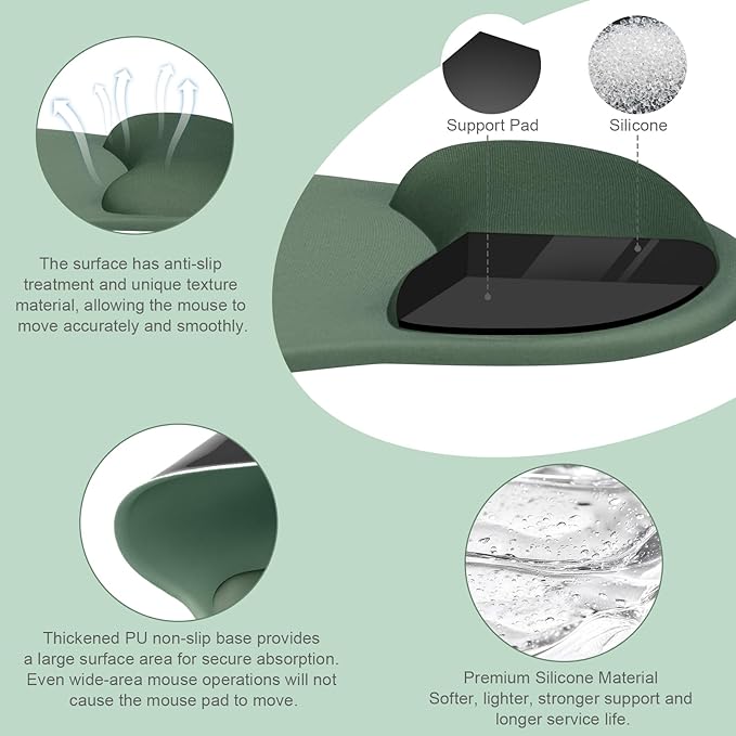 MOSISO Wrist Rest Support for Mouse Pad&Keyboard Set, Circle Curved Ergonomic Mousepad&Coaster Non-Slip Base Home/Office Pain Relief&Easy Typing Pad with Soft Cloth&Silicone Lining, Midnight Green