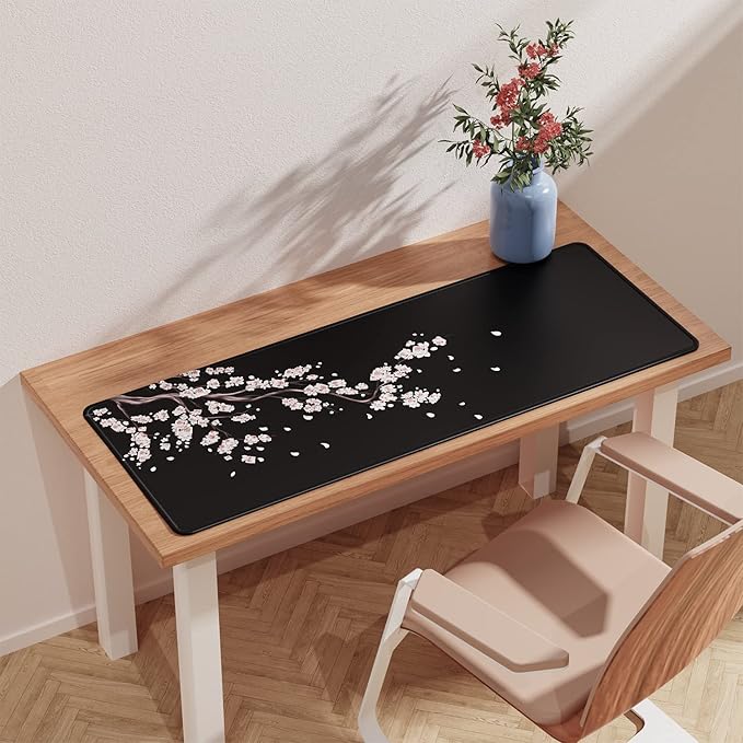 ETZ Japanese Plum Blossoms Black Mouse Pad (31.5 × 11.8 × 0.12 inch) Extended Large Mouse Mat Desk Pad, Stitched Edges Mousepad,Non-Slip Rubber Base,Gaming Mouse Pad XL.