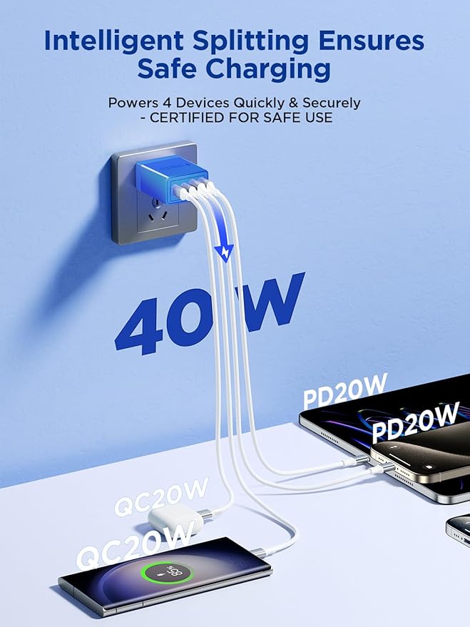 USB C Charger Block, 40W 4-Port Fast Charger 20W Type C Charging Block 3.1A USB Wall Charger Dual Port PD+QC Charging Cube for iPhone 16 15 14 13 12 Pro Max XS, iPad, Samsung Phone (Blue)