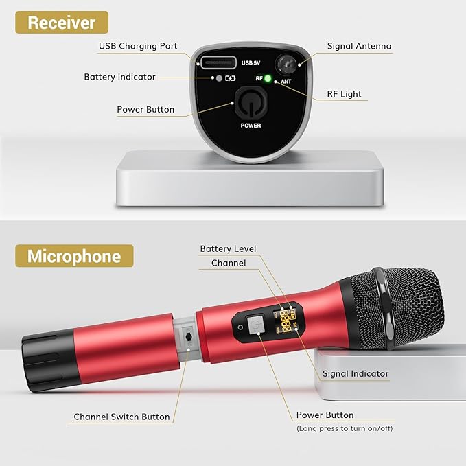 TONOR Wireless Microphones, Cordless Mic with Rechargeable Receiver, 200ft Range UHF Handheld Dynamic Microfonos Inalambricos Professional for Karaoke Singing Party Wedding Church TW630 Silver&Red