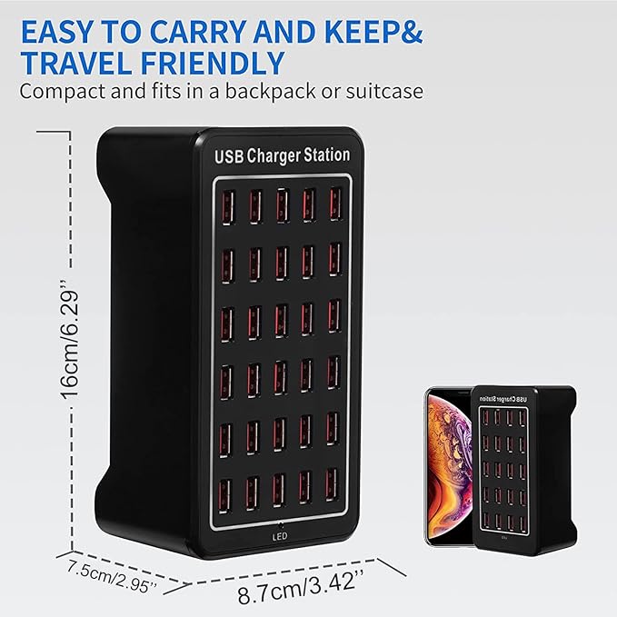30 Port USB Charger, 150W/30A USB Smart Charger, 30-in-1 Desktop Charging hub, Multi-Port USB Charging Station for Samsung/iPhone/iPad/Google Pixel/Tablets and Other USB Electronics
