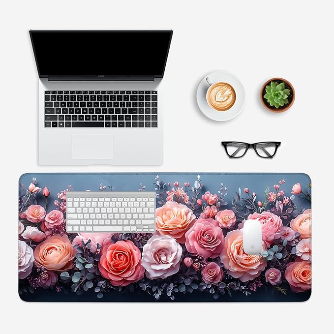 Mouse Pad, Large Anti-Slip with Stitched Edges Desk Mat Desktop Laptop Computer Desk Keyboard Mat,Table Protector Blotter Mat (Pink Flower, 35.4" x 15.7")