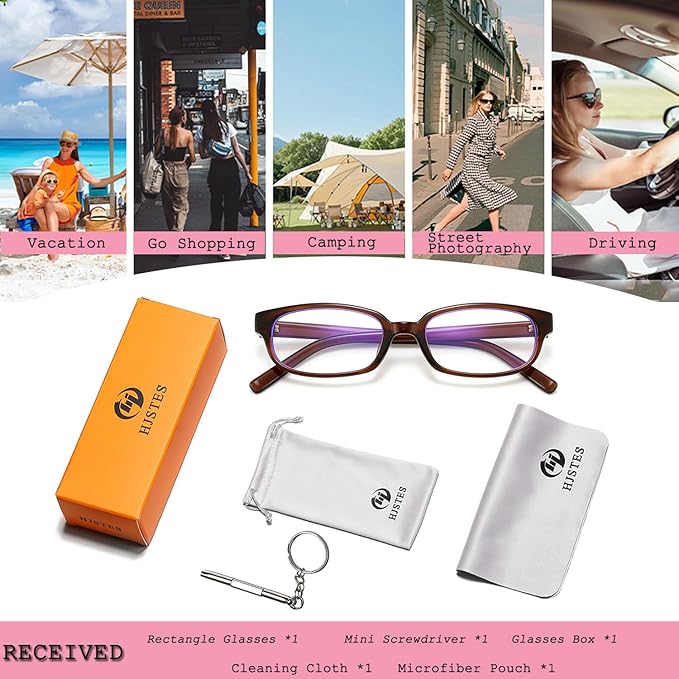 HJSTES Retro Clear Rectangle Glasses for Women Men Fake Blue Light Blocking Lens Narrow Frame Non Prescription Eyeglasses