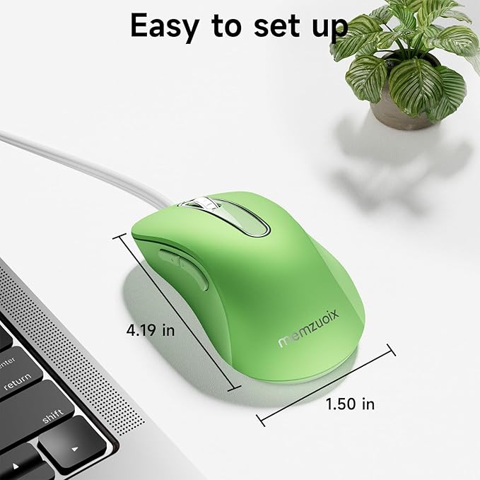 memzuoix Wired Mouse, USB Computer Mouse 1400 DPI Mobile Optical Mouse Ergonomic Design Computer Mice with 5FT Cord for Laptop, PC, Desktop, MacBook, 5 Buttons (Green)