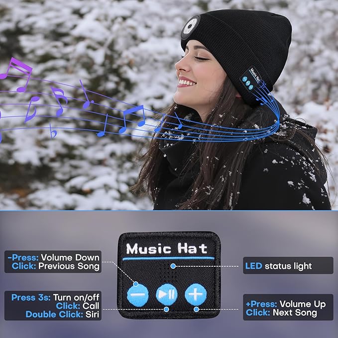 Bluetooth Beanie with Light, USB-C Charging 5 LED Flashlight Hat, Built-in Stereo Speakers Mic, Christmas Stocking Stuffers White Elephant Gifts for Men Dad Teens Boys for Camping Fishing