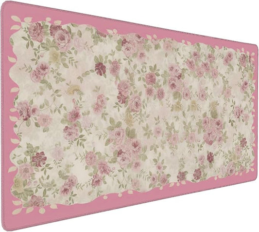 Aesthetic Floral Desk Pad for Women, Pink XXL Large Mouse Pad with Stitched Edges, Non-Slip Office & Home Desk Mat for Computer, Keyboard, Cute Office Decor & Supplies