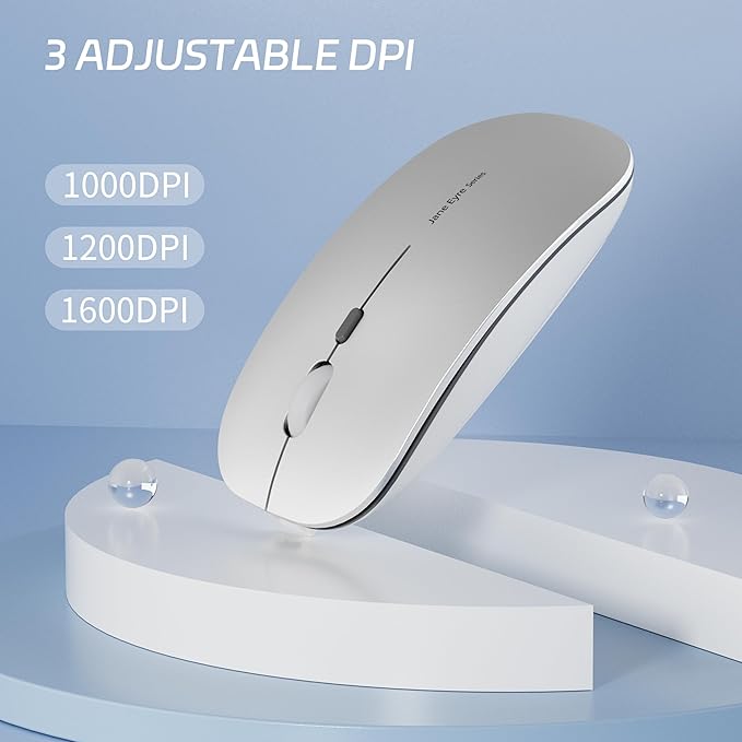 Q5 Slim Rechargeable Wireless Mouse, 2.4G Portable Optical Silent Ultra Thin Wireless Computer Mouse with USB Receiver and Type C Adapter, Compatible with PC, Laptop, Notebook, Desktop (Silver)