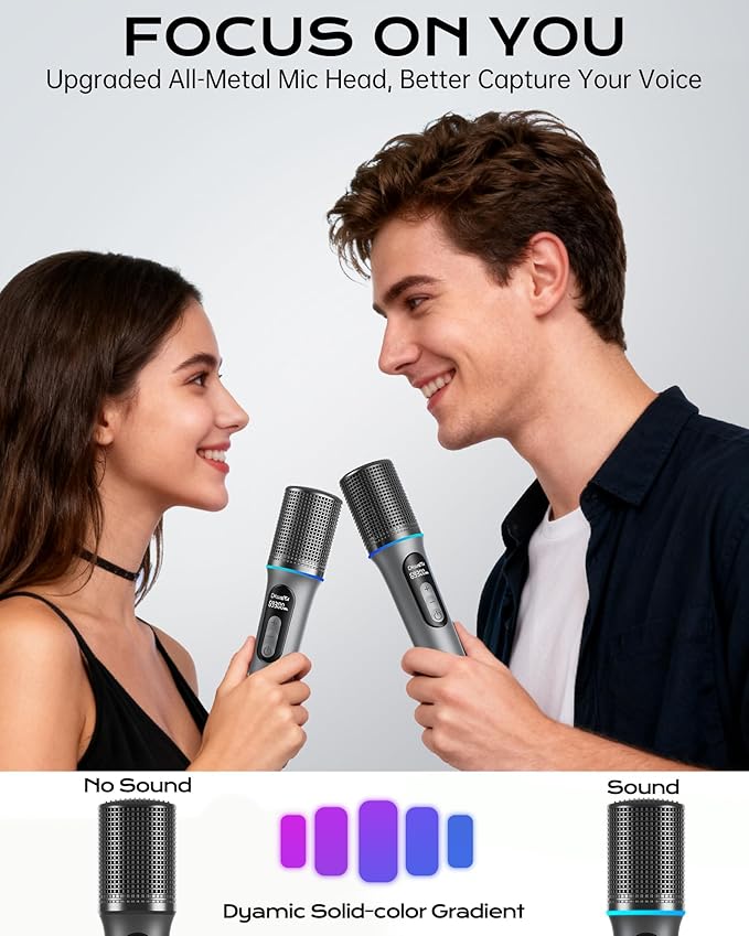 Wireless Microphone, Professional Handheld Dynamic Mic with Rechargeable Receiver, 5-Level Volume Adjustment, Dynamic RGB Lighting, 40-Hour Battery Rechargeable Microphone for Karaoke and Weddings.