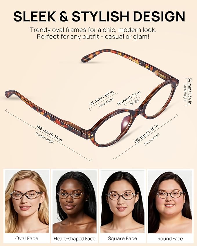 1 Pack Oval Blue Light Glasses for Women, Lightweight TR90 Small Frame with Spring Hinge for All-Day Comfort, Anti UV Glare & Eyestrain