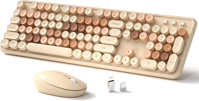 Wireless Keyboard and Mouse, Full-Size Retro Typewriter Keyboard with Round Keycaps, 2.4GHz for Windows, Mac, Laptop, PC, Desktop (Milky Tea Colorful)