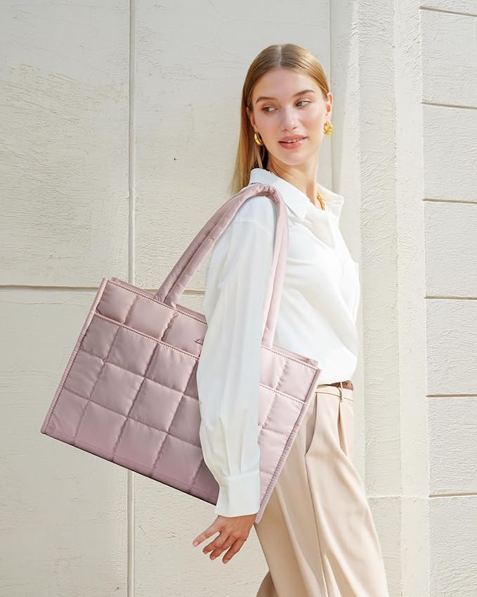 LOVEVOOK Tote Bag for Women, Puffer Work Handbag 15.6 Inch Laptop Purse for Nurse Teacher, Large Quilted Travel Tote Shoulder Bag with Zipper for College Office Clinical Gym, Pink