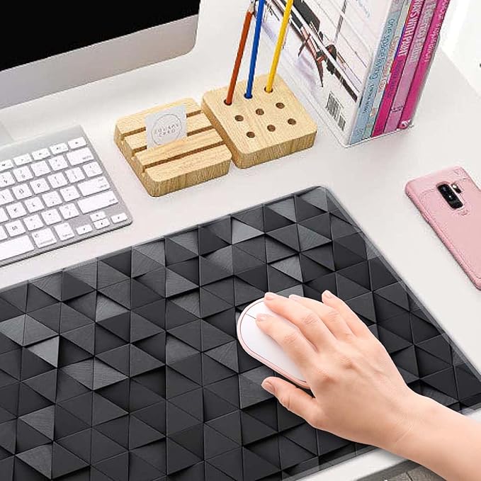 Gaming Mouse Pad, Large Mouse Pads for Desk, Non-Slip Rubber Base Mousepad, Keyboard Mouse Mat, Desk Pad with Stitched Edges, 31.5x11.8inch, Black Grey Triangular Abstract