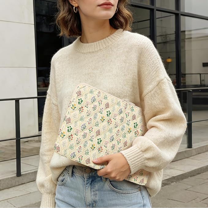 Puffy Laptop Sleeve Case Cute Computer Bag, 14 Inch Flower Printed Quilted Laptop Carrying Cases, Protective Floral Soft Padded Cover Accessories, Compatible with 14"" Notebook, Style A