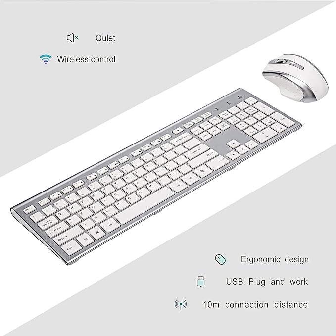 Wireless Keyboard and Mouse Combo USB 2.4G Wireless Keyboard Compatible Windows Desktop Laptop Office Business Silver White
