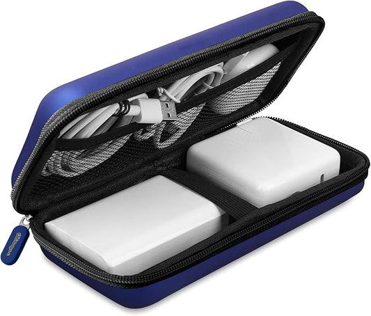 iMangoo Travel Essential Electronics Organizer Charger Case, Shockproof Dual Zipper Power Bank Cables Tech Accessories Pouch Purse, Men & Women Travel Must Have Storage Bag, 8.5x4.5x2 inch Dark Blue