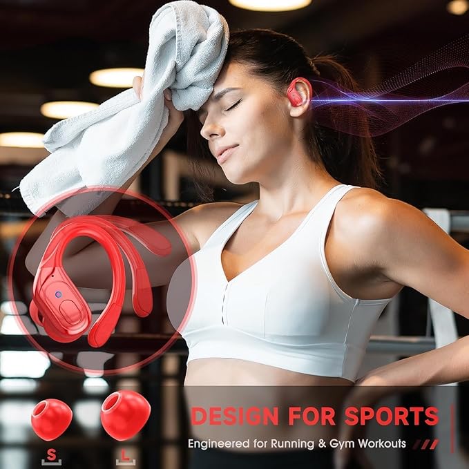 Wireless Earbuds Headphones Bluetooth 5.4, Noise Canceling Ear Buds with 75hr Playtime, IPX7 Waterproof Earphones Over-Ear Earphones for Sports/Workouts, LED Power Display - Red