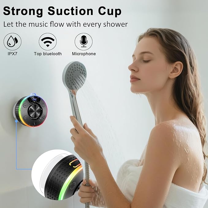 Donerton Bluetooth Shower Speaker, Portable Bluetooth 5.4 Speaker with 360°HD Stereo Sound and Robust Bass, IPX7 Waterproof Speakers, LED Light, Built in Mic for Home, Party, Outdoor Beach, Gift