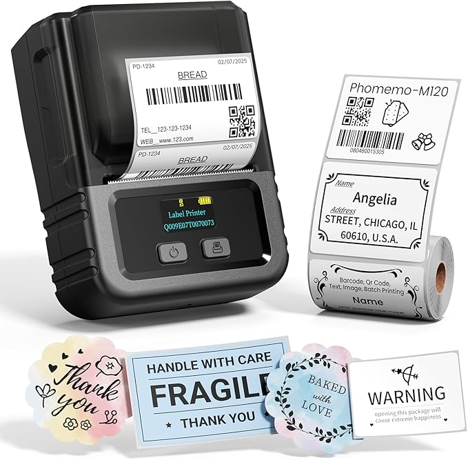 Phomemo M120 Bluetooth Label Maker - Portable Thermal Barcode Printer with App, 2" Wide Labels, Wireless Sticker Printer for Small Business,Home Office,QR Codes,Address Labels - iOS/Android Compatible