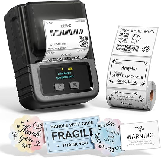 Phomemo M120 Bluetooth Label Maker - Portable Thermal Barcode Printer with App, 2" Wide Labels, Wireless Sticker Printer for Small Business,Home Office,QR Codes,Address Labels - iOS/Android Compatible